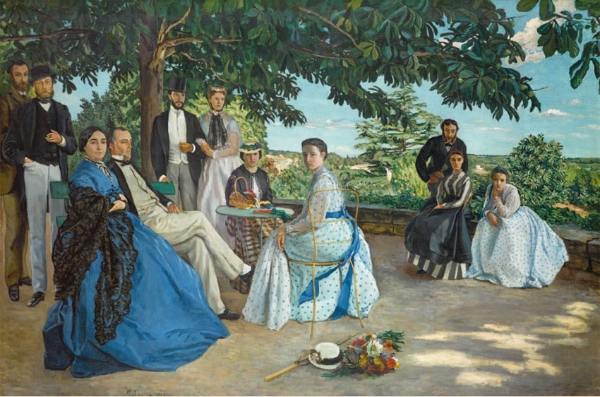 Painting of people gathering in a garden, with trees and a distant landscape in the background.