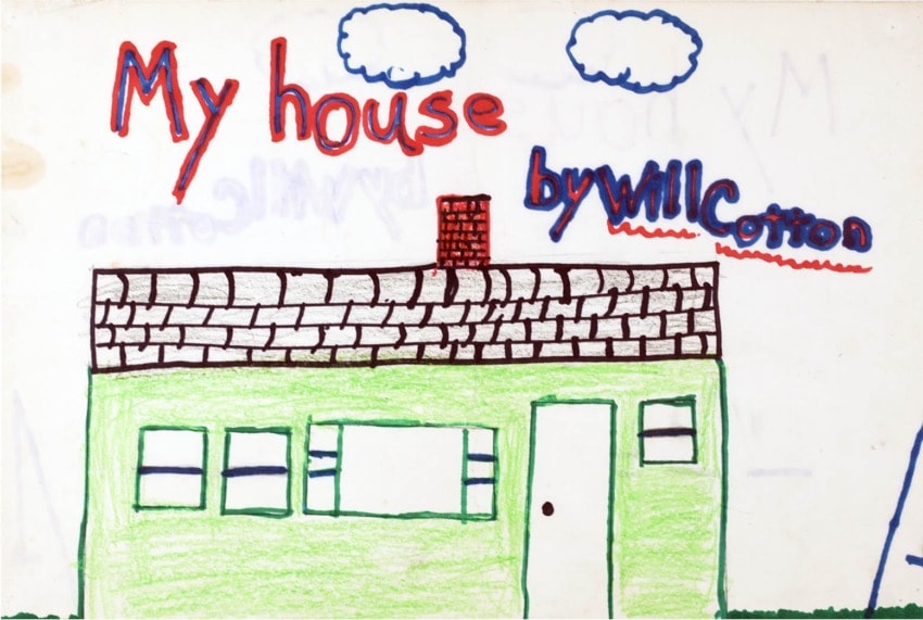 Child's drawing of a green house with a gray roof, two clouds, and colorful text "My house by Will Cotton".