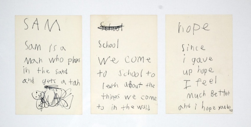 Handwritten notes with child-like writing, mentioning Sam, school, and hope, with crossed-out words and illustrations.