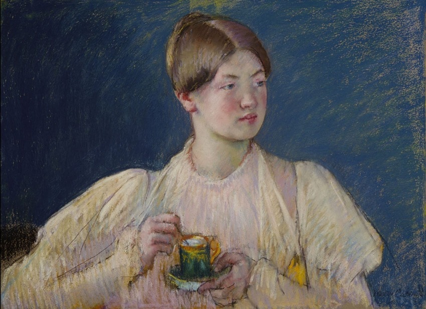 Portrait of a woman in a white blouse holding a yellow cup against a blue background, painted in a soft, impressionist style.