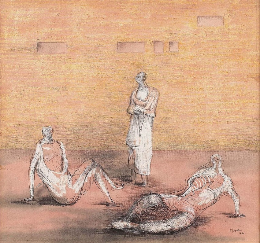 Abstract art depicting three human-like figures in a textured, reddish-brown and pink background setting.