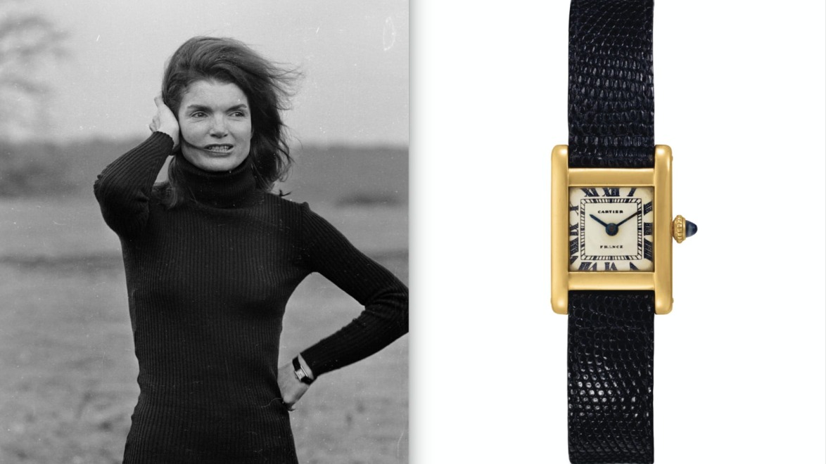 Woman outdoors in a sweater on left, vintage gold wristwatch with black strap on right.