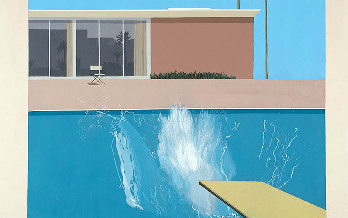 Splash in a turquoise pool with a modern house and palm trees in the background, capturing a moment of vibrant motion.