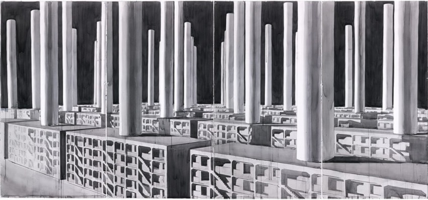 Futuristic black and white cityscape with tall cylindrical structures and geometric buildings under a dark sky.