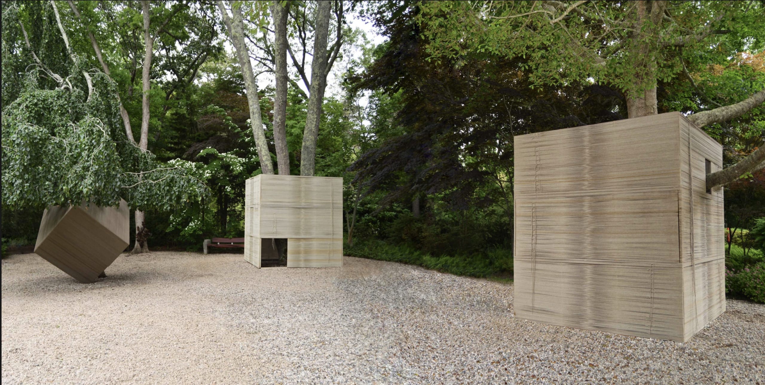 Modern wooden cube structures surrounded by trees and gravel, with one tilted and resting against a tree.
