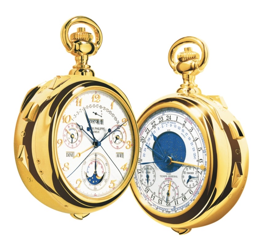 Two gold pocket watches with intricate dials and detailed engravings displayed against a plain white background.