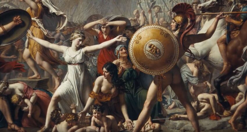 Ancient battle scene with warriors in helmets and shields, women in flowing garments, and chaotic background imagery.