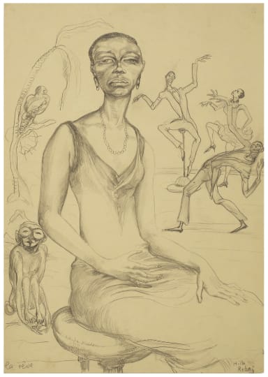 Seated woman sketch, surrounded by dancing figures and a monkey near a palm tree, in a stylized artistic style.