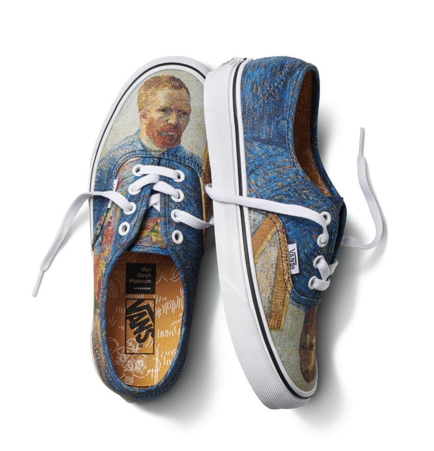 Van Gogh inspired blue Vans sneakers with white laces and a portrait design on the fabric.