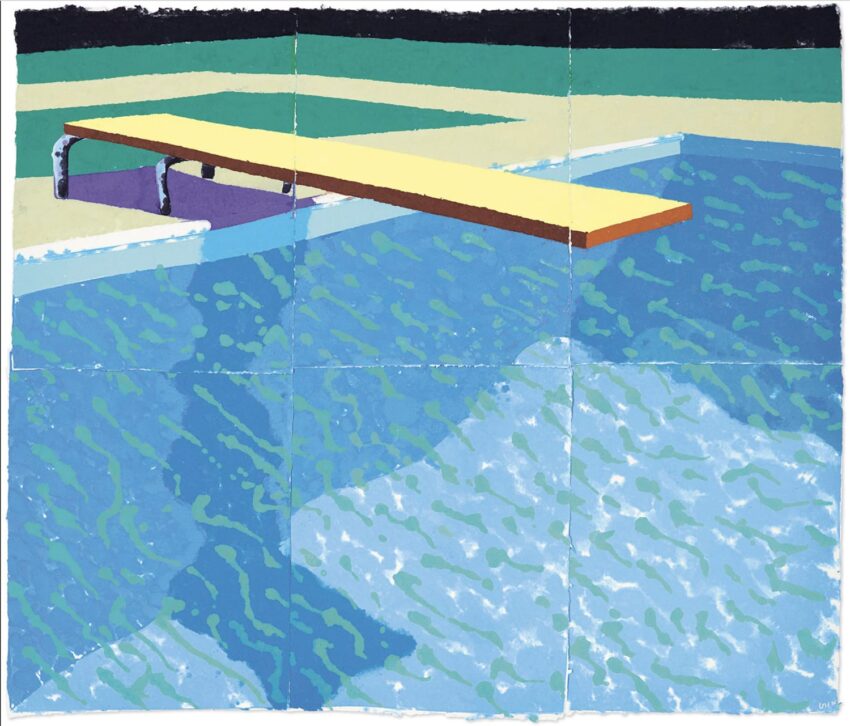 Colorful abstract painting of a swimming pool with diving board and rippling water.