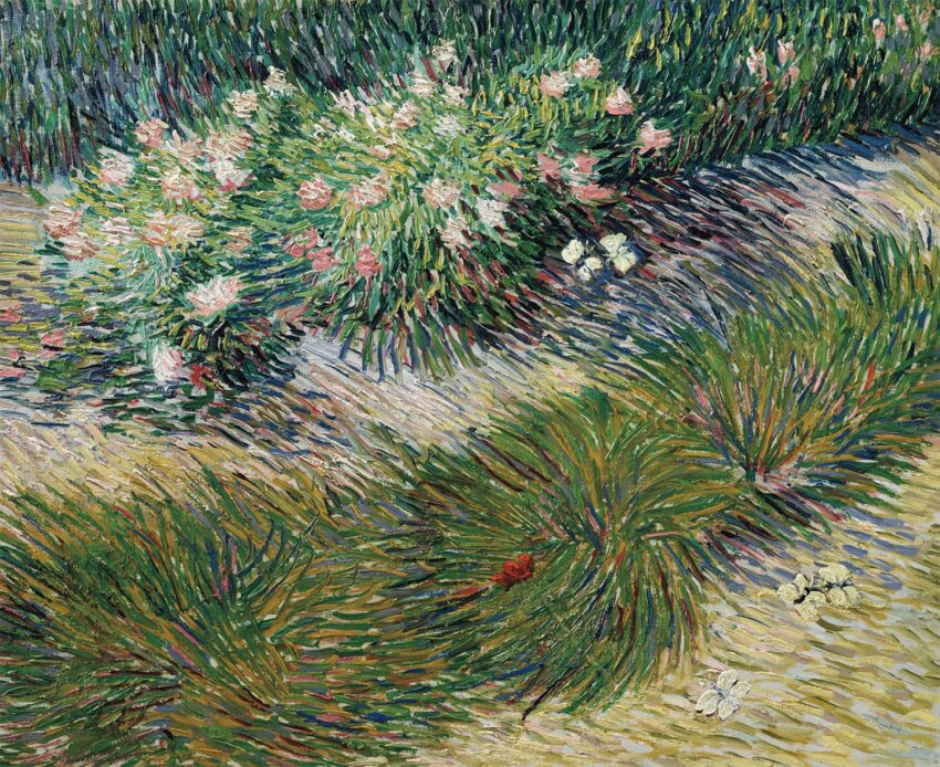 Impressionist painting of vibrant grass, flowers, and butterflies in a garden, featuring dynamic brushstrokes and vivid colors.