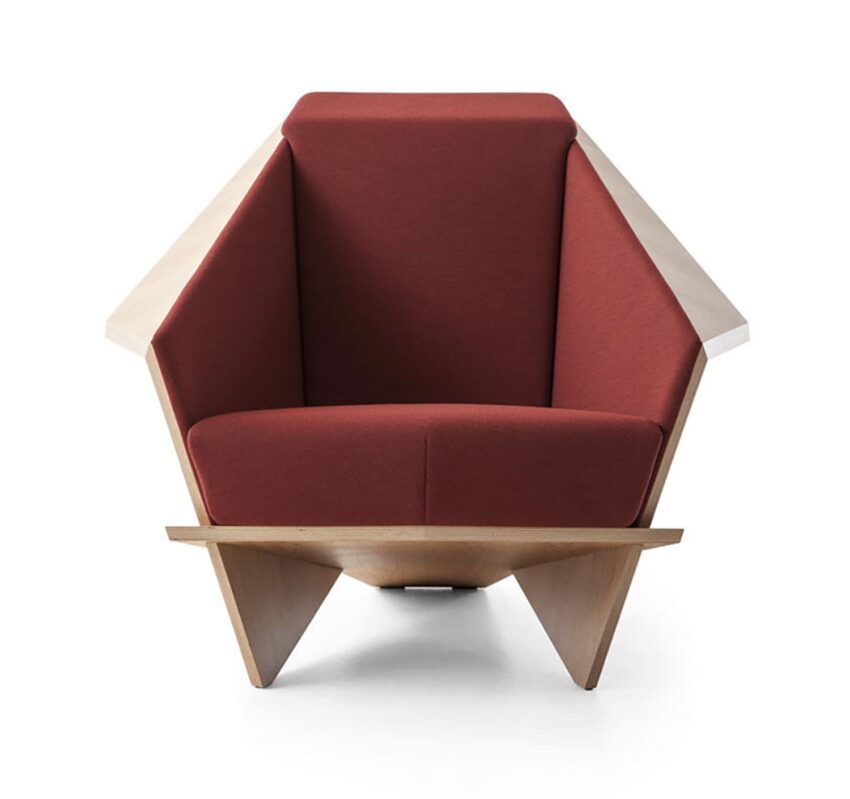 Modern geometric armchair with red upholstery and wooden frame, front view