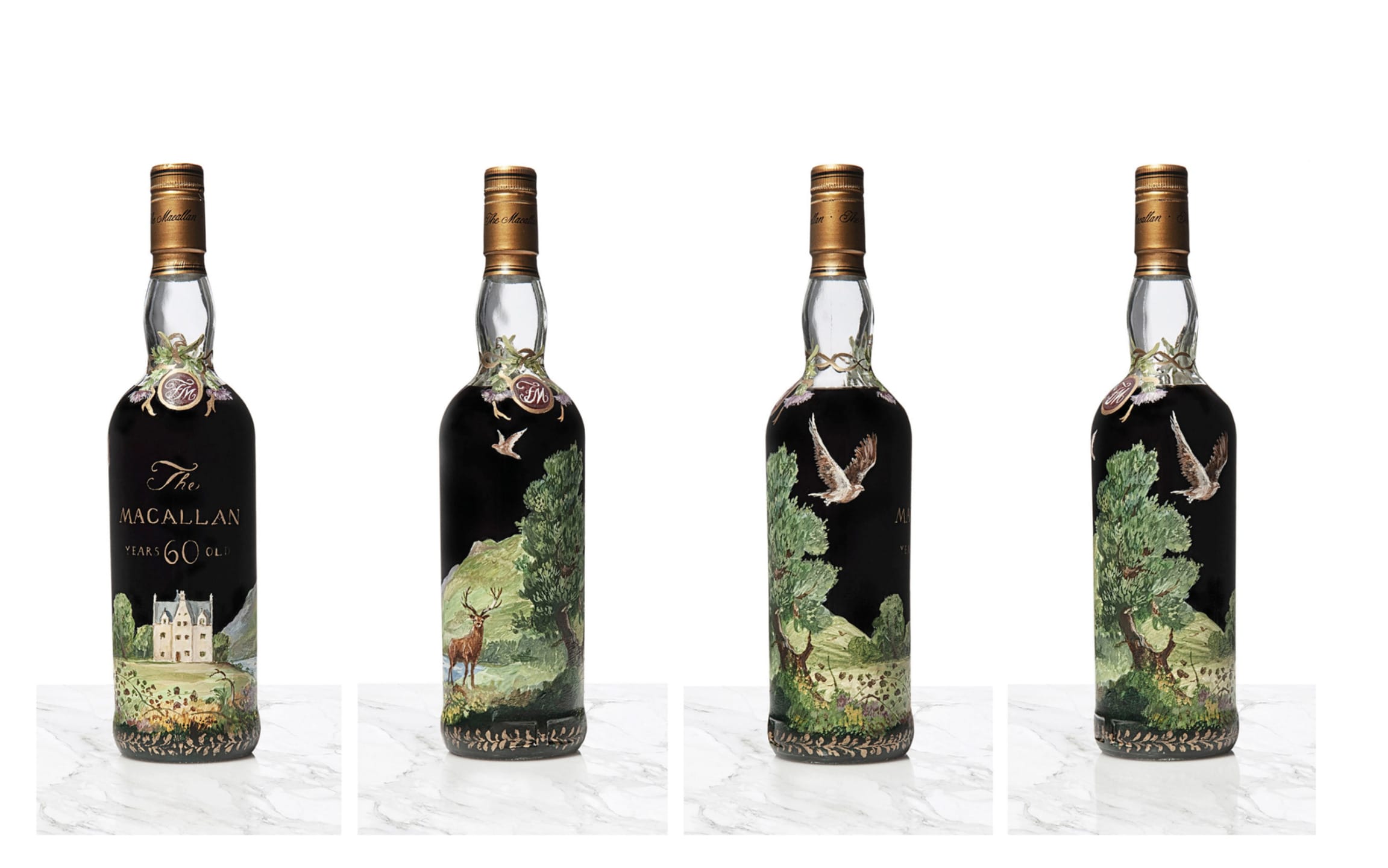 Four elaborately designed bottles showcasing scenic landscapes and wildlife on a white background.