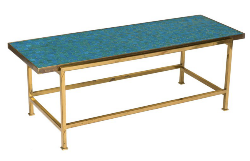 Rectangular coffee table with a blue mosaic top and gold metal frame.