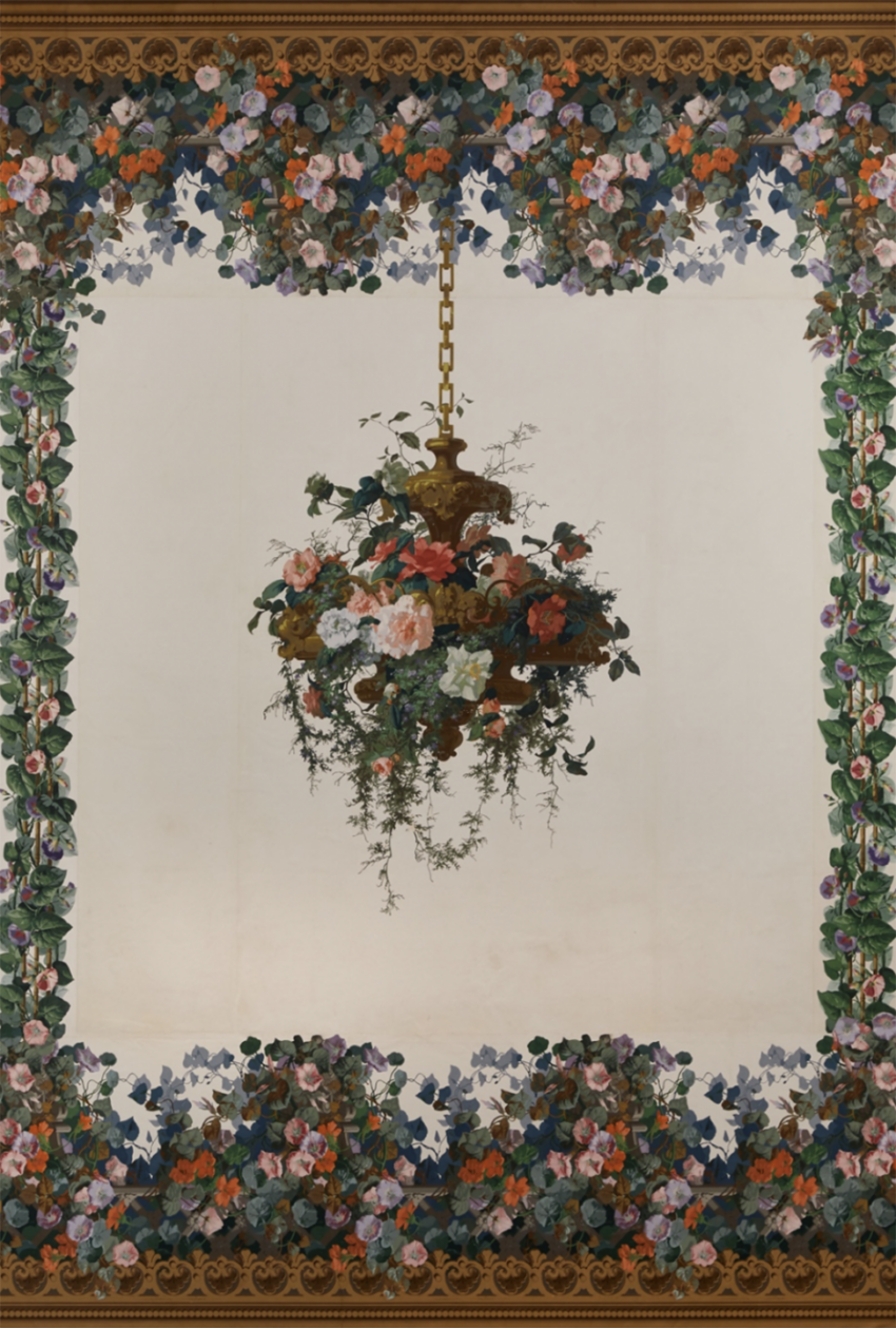 Hanging floral arrangement surrounded by a decorative border of colorful flowers on a vintage-style wallpaper.