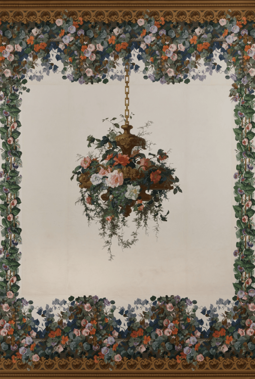 Hanging floral arrangement surrounded by a decorative border of colorful flowers on a vintage-style wallpaper.