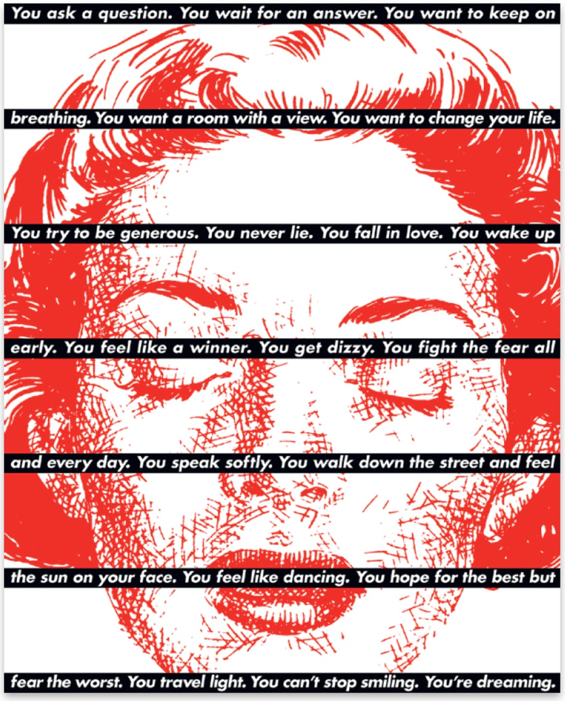 Illustration of a woman's face with alternating red and white text bands, with text about life experiences and emotions.