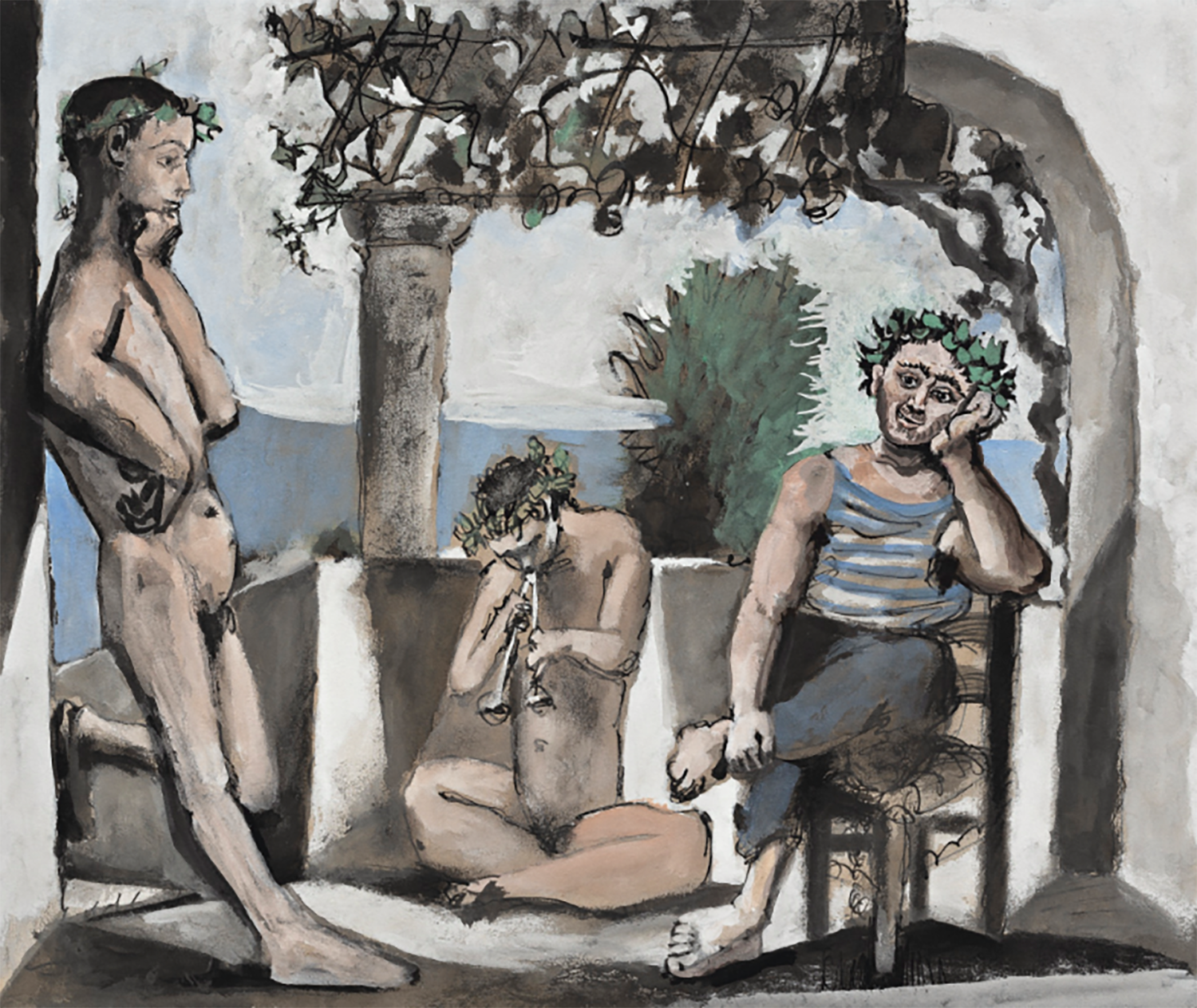 Three mythical figures with laurel wreaths in an outdoor setting, one playing a flute, painted in a classical style.