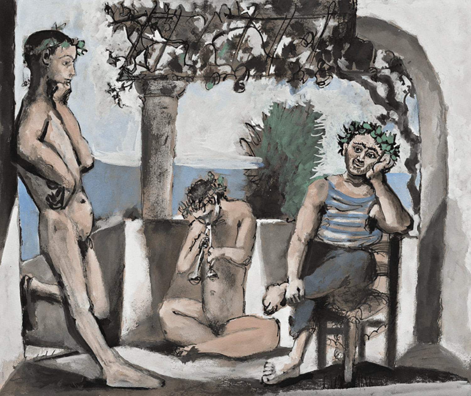 Three mythical figures with laurel wreaths in an outdoor setting, one playing a flute, painted in a classical style.