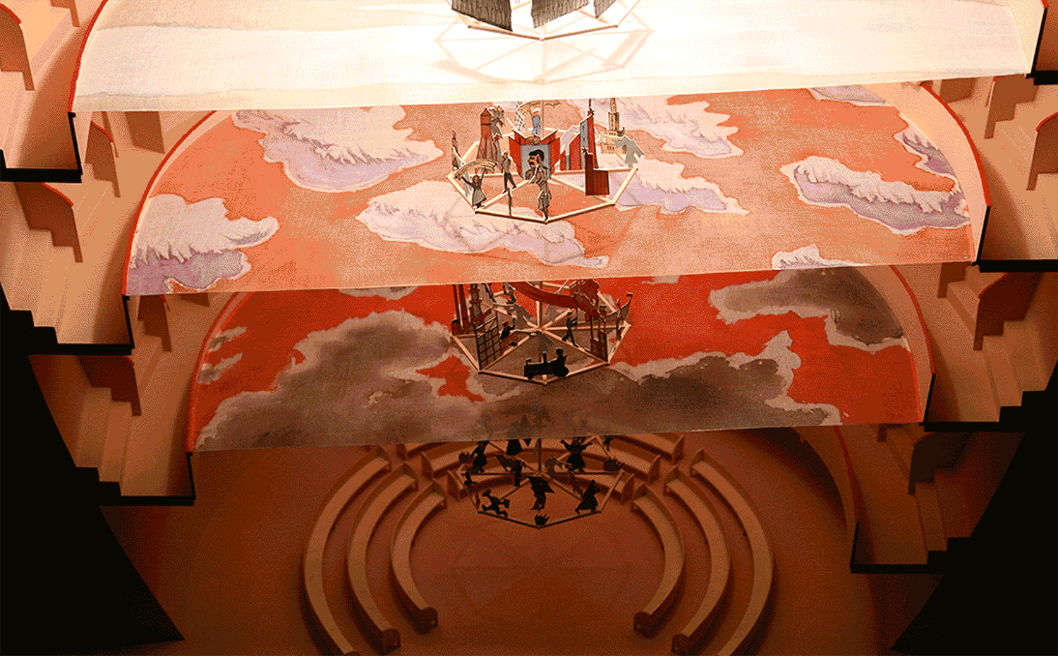 Layered abstract artwork with geometric shapes and figures on a stage, featuring a blend of red, pink, and white tones.