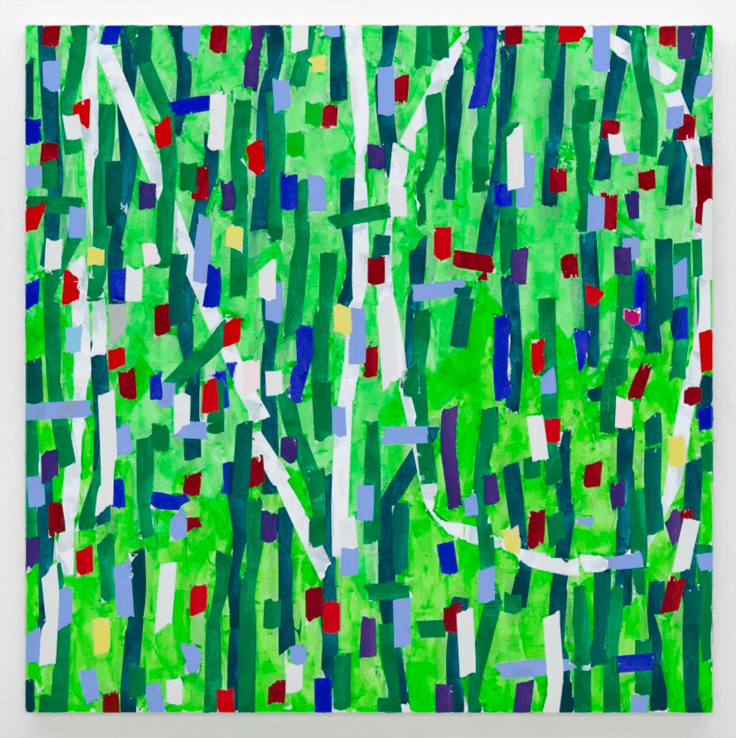 Abstract painting with green background and colorful vertical and rectangular shapes in red, white, purple, and blue.