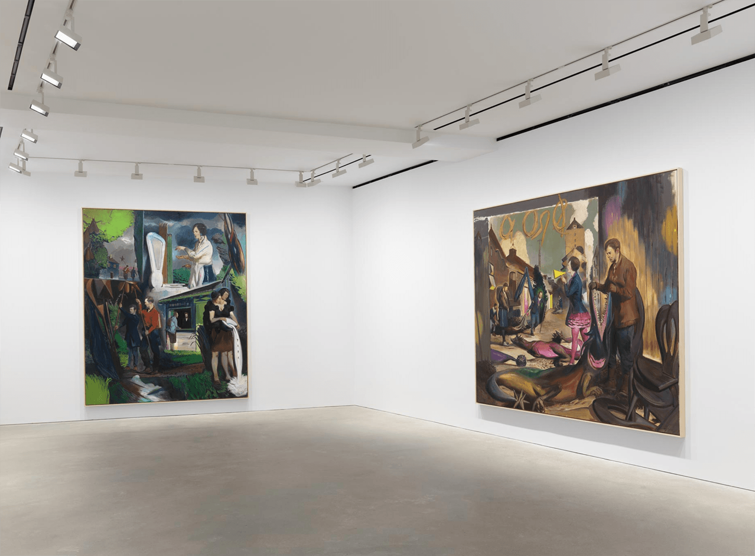 Modern art gallery interior with two large, colorful paintings displayed on white walls under bright lighting.