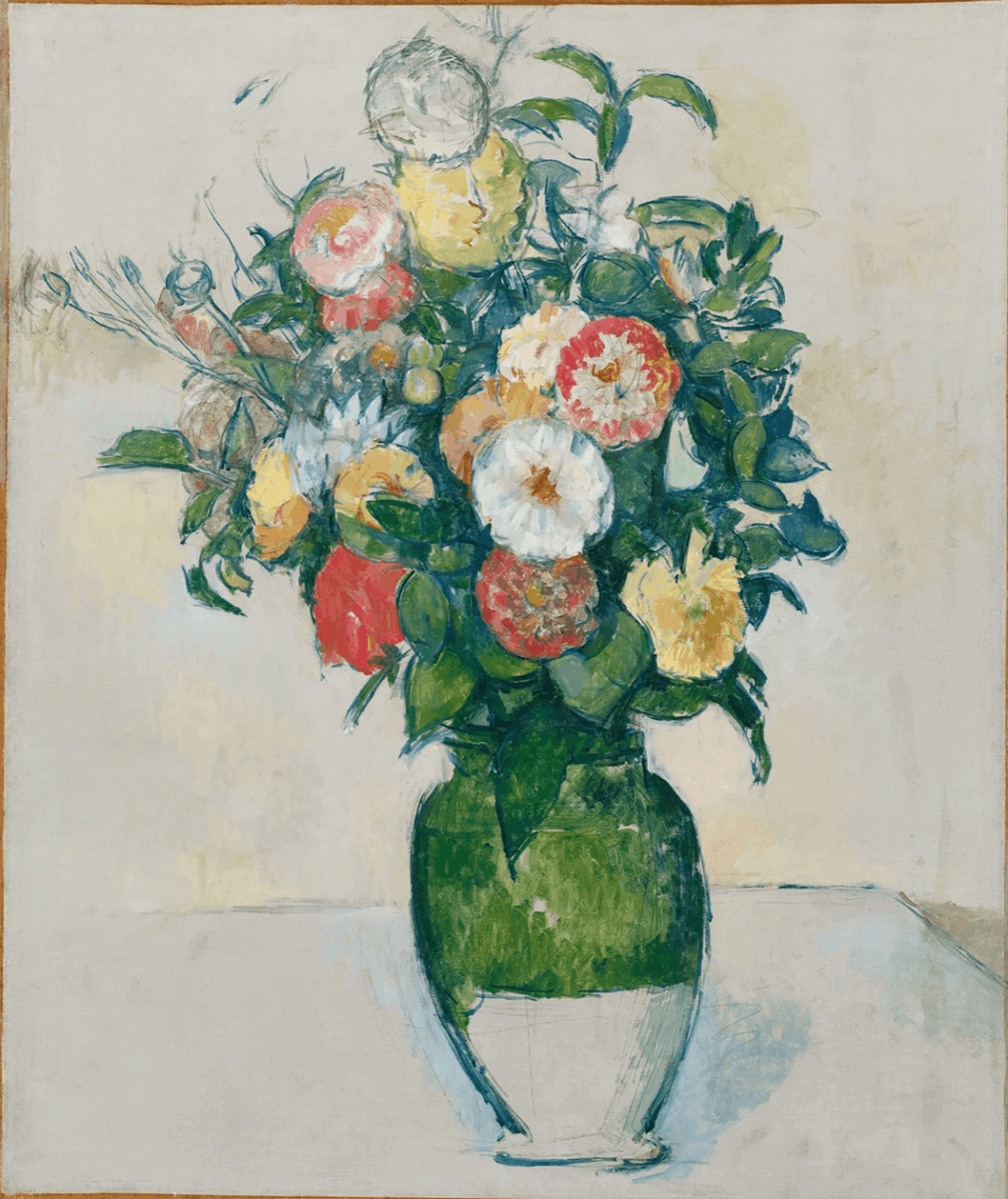 Still life painting of a colorful bouquet of flowers in a green vase on a table, featuring a variety of blooms.
