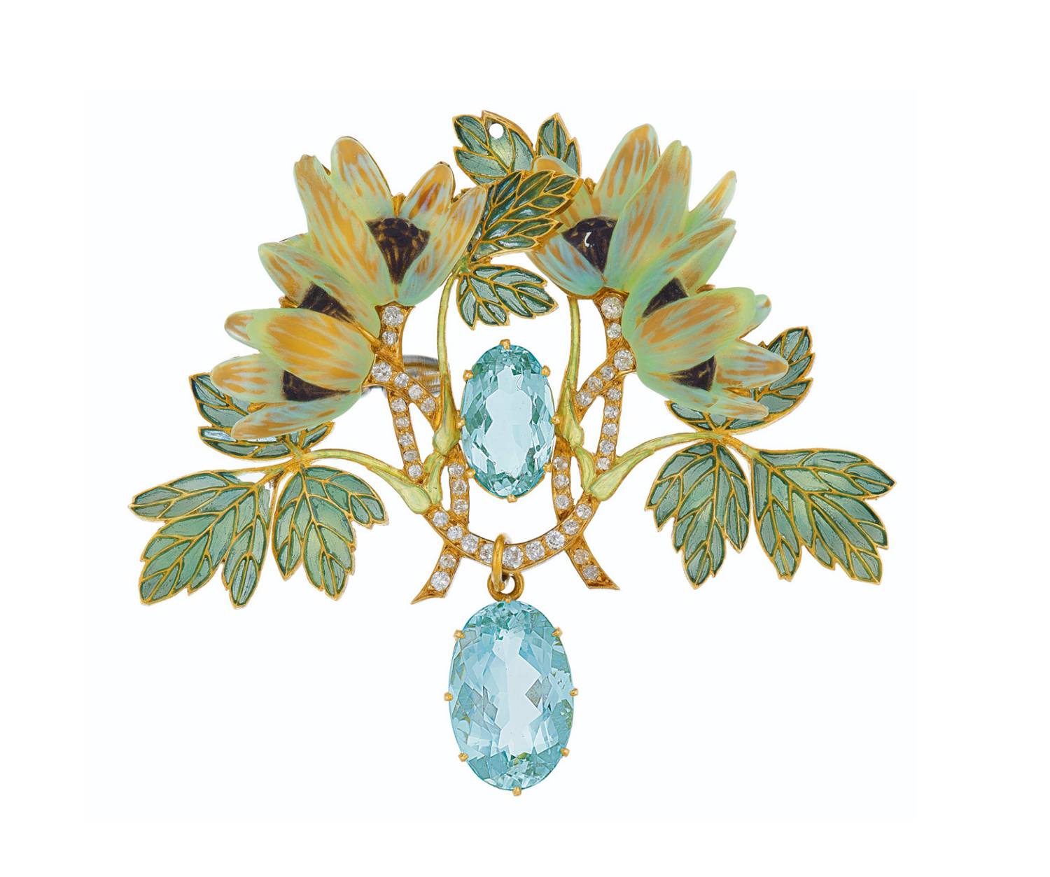 Art Nouveau style brooch with blue gemstones, featuring enamel sunflowers and detailed leaves.