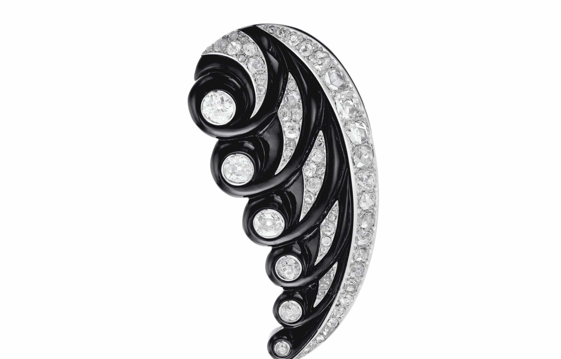 Elegant black and silver jewelry piece with intricate swirling design and shiny gemstone accents.