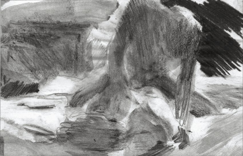 Abstract pencil drawing with dark and light shading, featuring undefined shapes and textures.