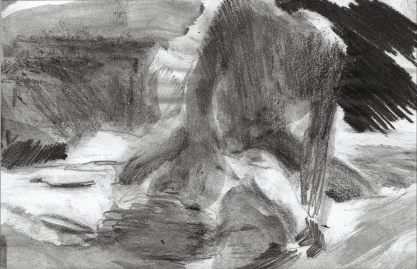 Abstract pencil drawing with dark and light shading, featuring undefined shapes and textures.