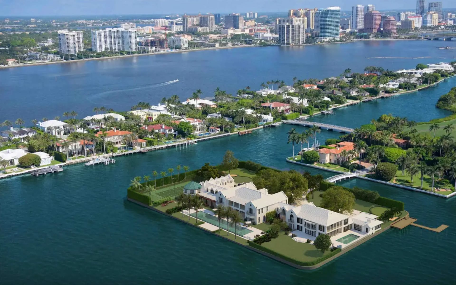Aerial view of waterfront luxury homes on intercoastal islands with city skyline in the background.