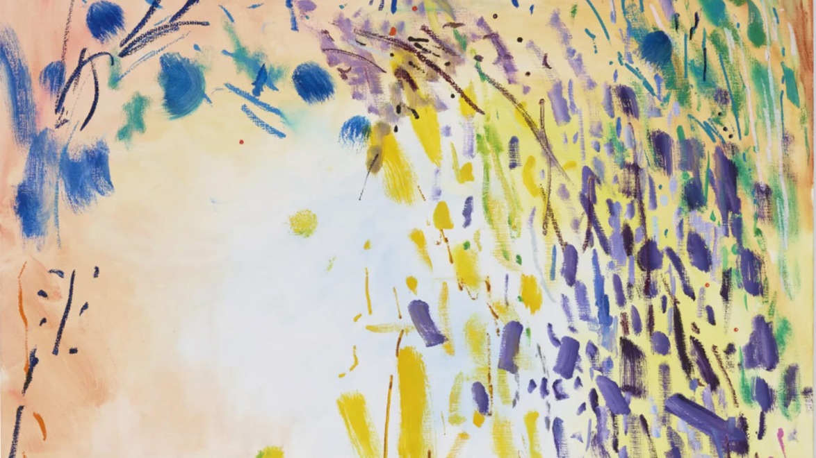 Abstract painting with vibrant brush strokes in blue, yellow, and purple on a soft pastel background.