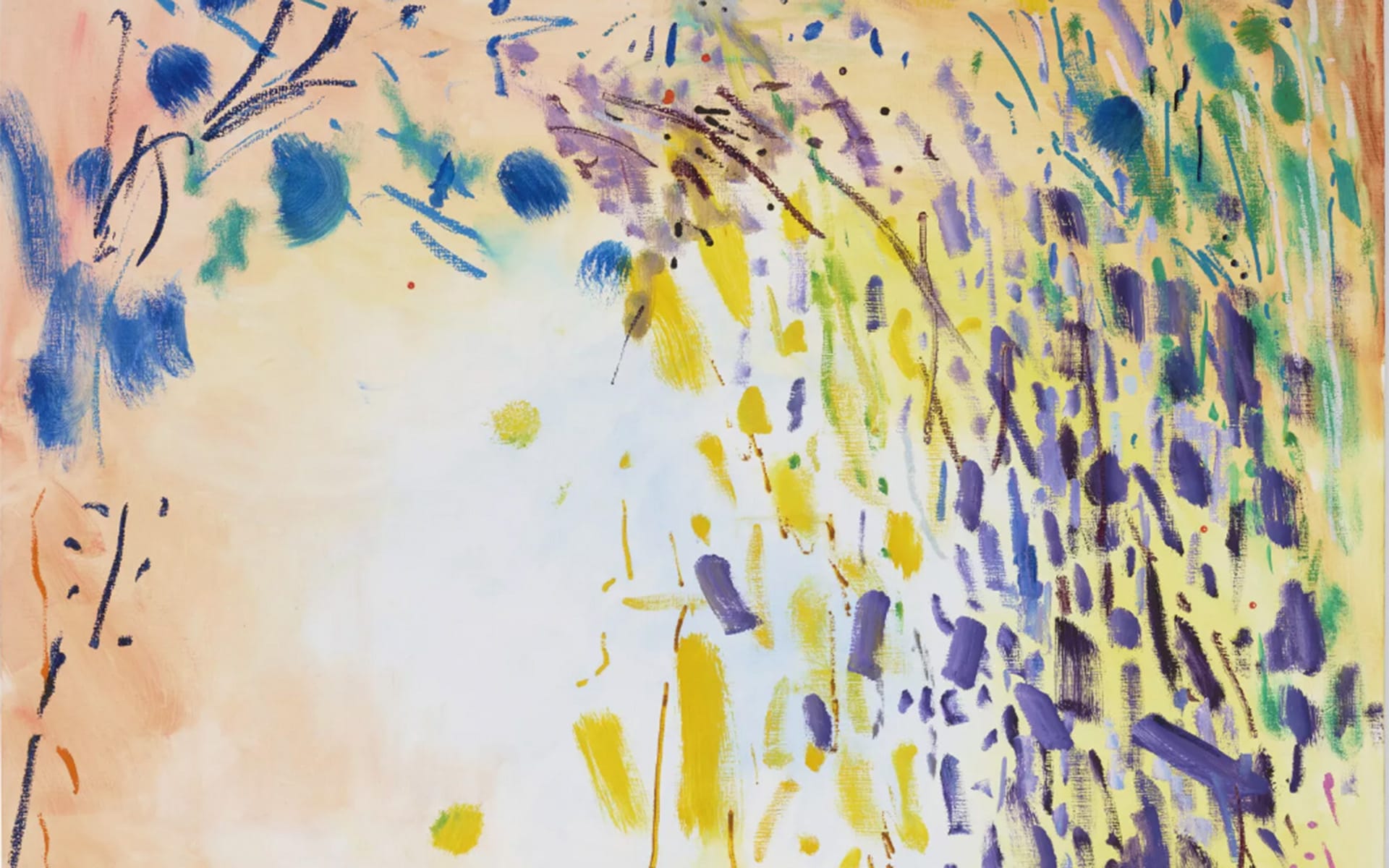 Abstract painting with vibrant brush strokes in blue, yellow, and purple on a soft pastel background.