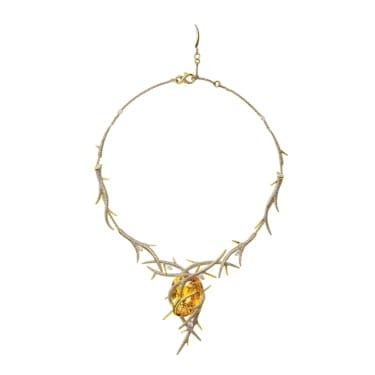 Gold necklace with thorns design featuring a large amber stone in the center, intricate and elegant craftsmanship.