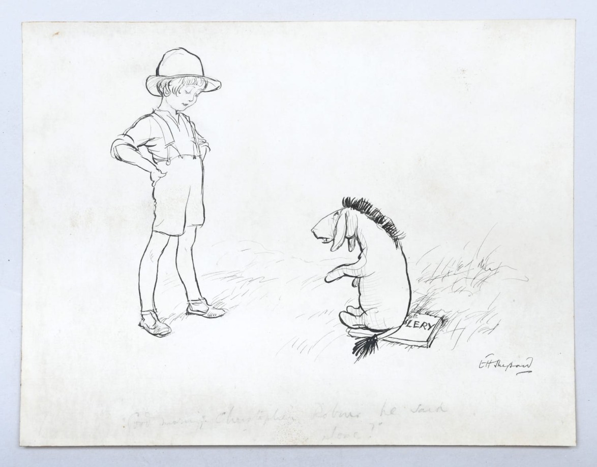 Original artwork by Ernest H. Shepard for The House at Pooh Corner “‘Good Morning, Christopher Robin,’ he said... ‘Are we alone?’”