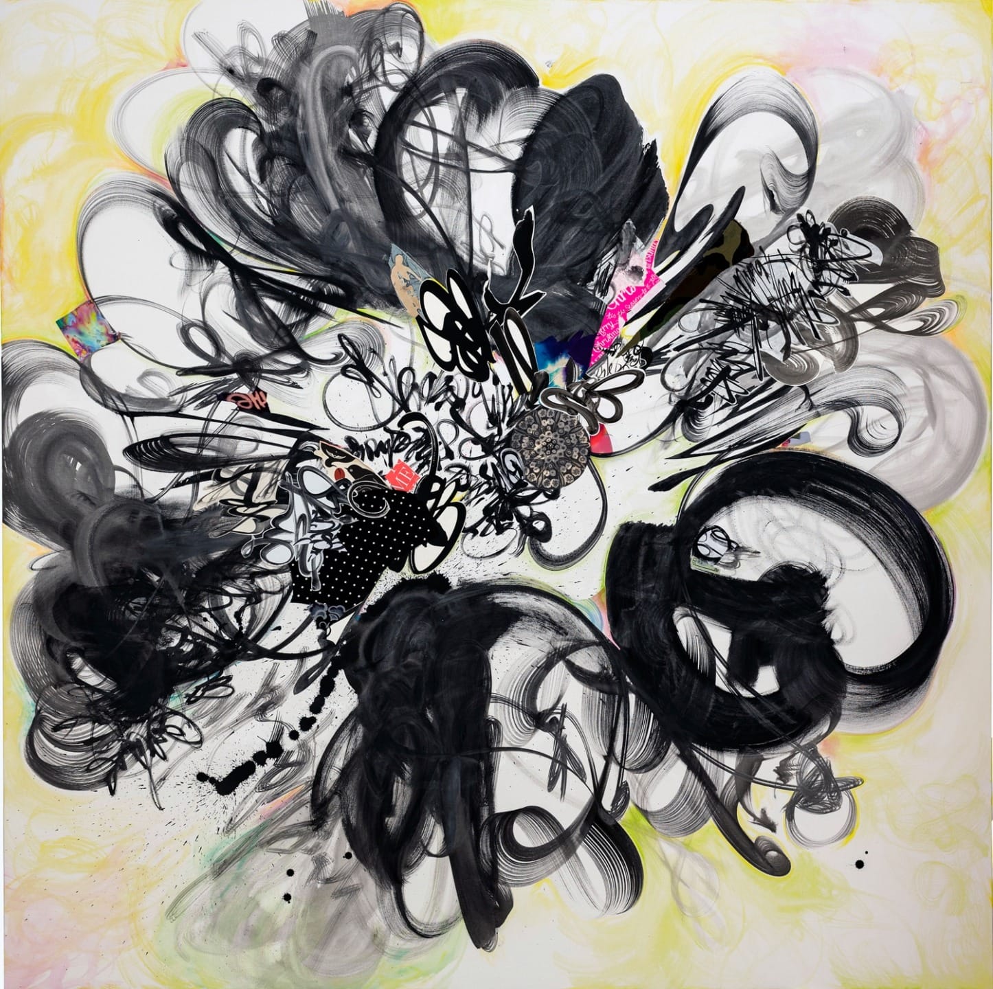 Abstract black and white swirl painting with colorful accents and dynamic brushstrokes on a light background.