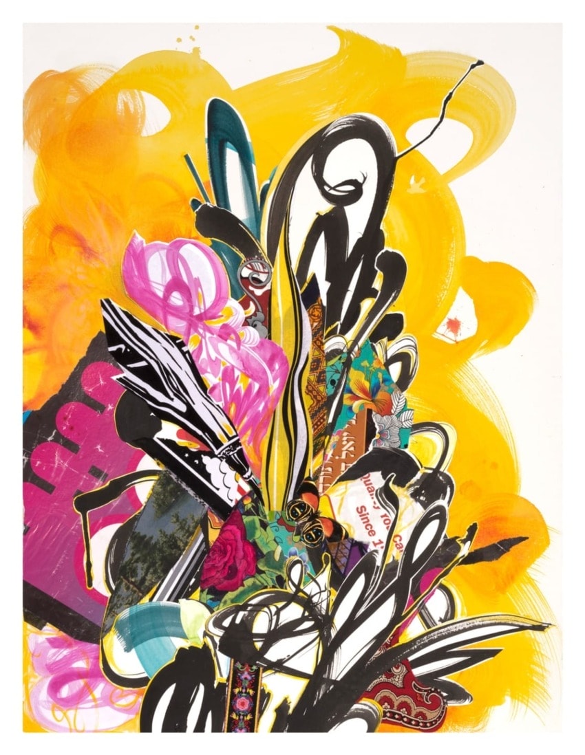 Colorful abstract artwork with vibrant yellow, black, pink, and floral patterns swirling dynamically across the canvas.