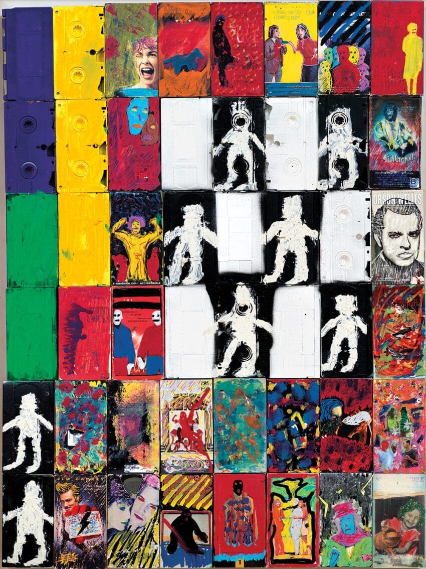 Colorful abstract art collage featuring various pop culture elements, figures, and vibrant patterns arranged in a grid.