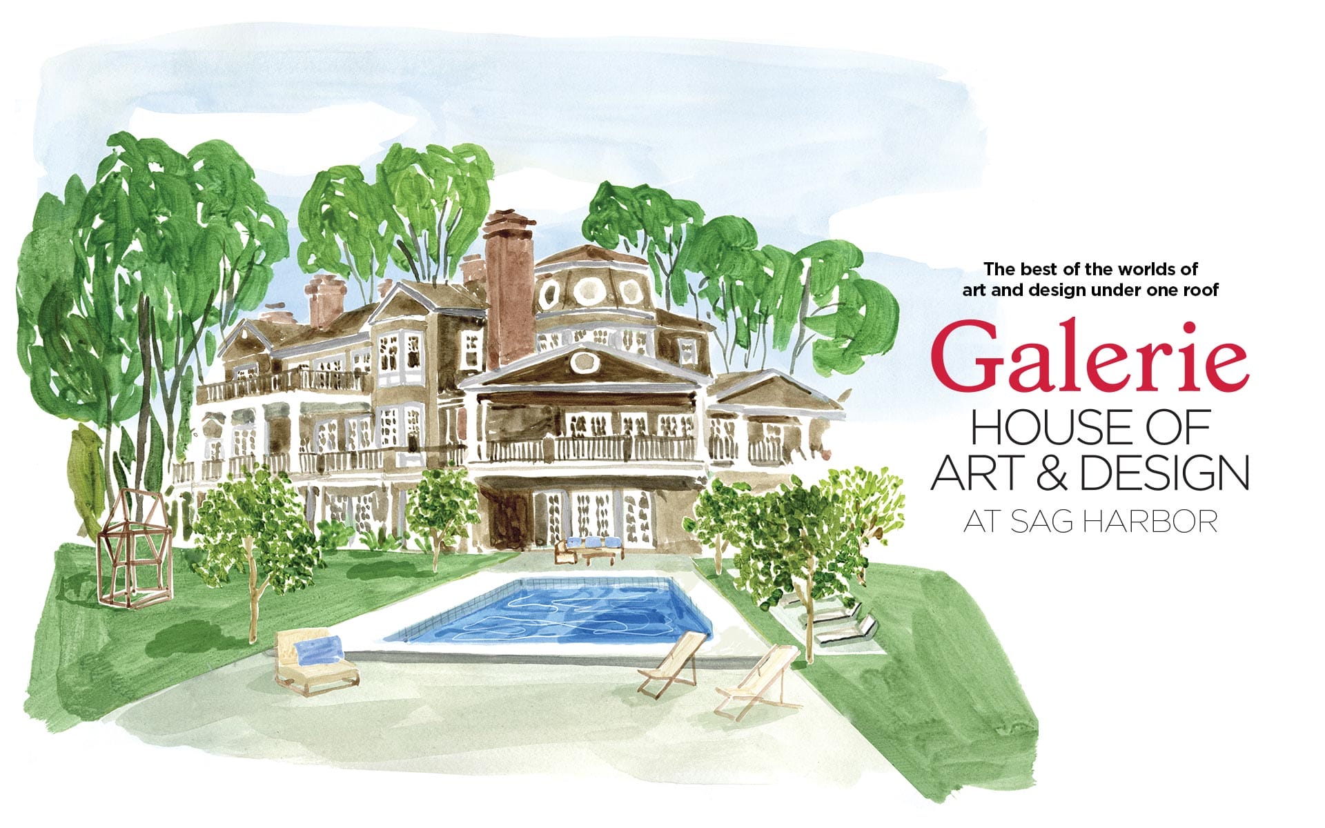 Illustration of a mansion with a pool and trees, promoting Galerie House of Art and Design at Sag Harbor.