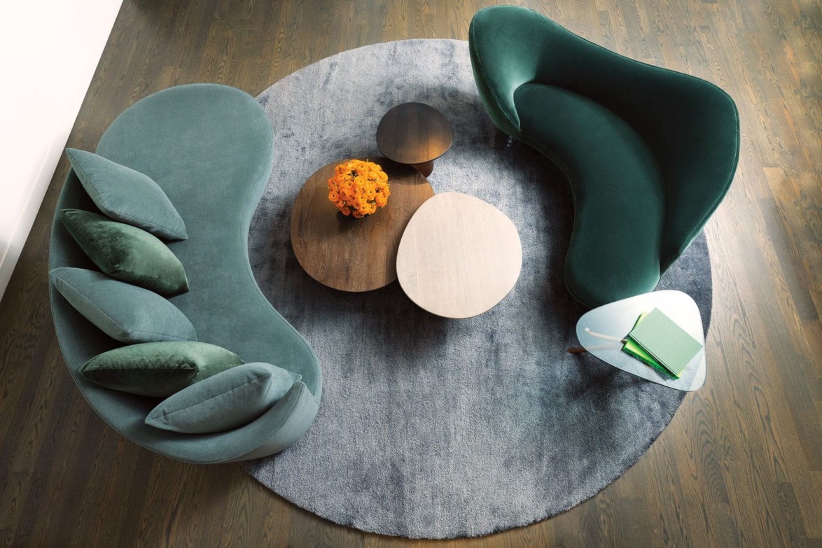 Modern living room with two green sofas, circular rug, and round wooden coffee tables on a wooden floor, view from above.
