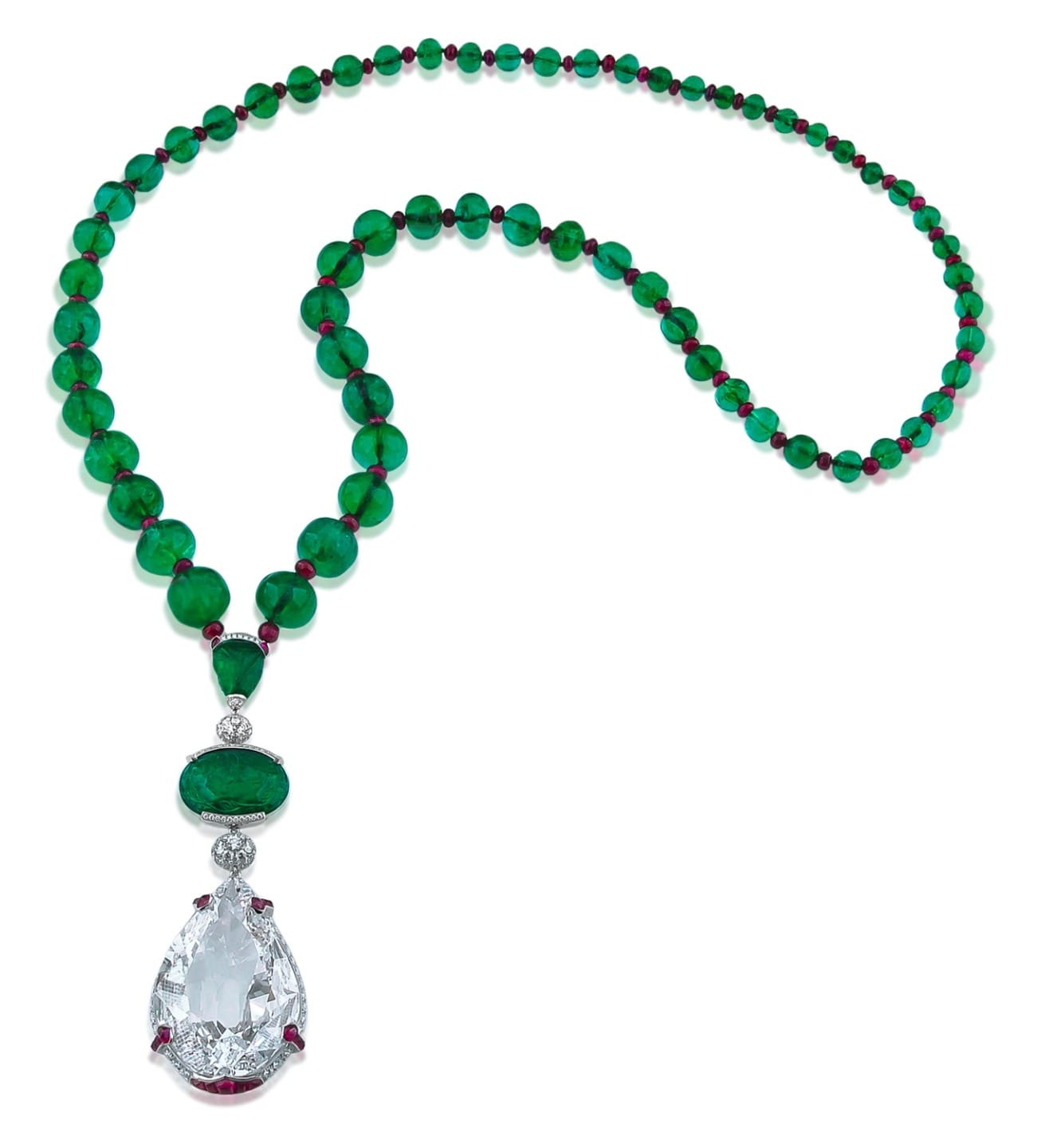 Luxurious green beaded necklace with a large teardrop-shaped diamond pendant.