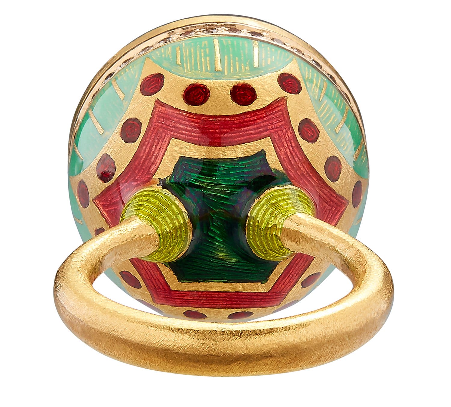 Colorful decorative knob with geometric patterns in red, green, and gold, featuring a brass handle.