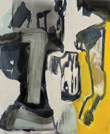 Abstract painting with bold black, grey, and yellow brush strokes creating a dynamic and modern composition.