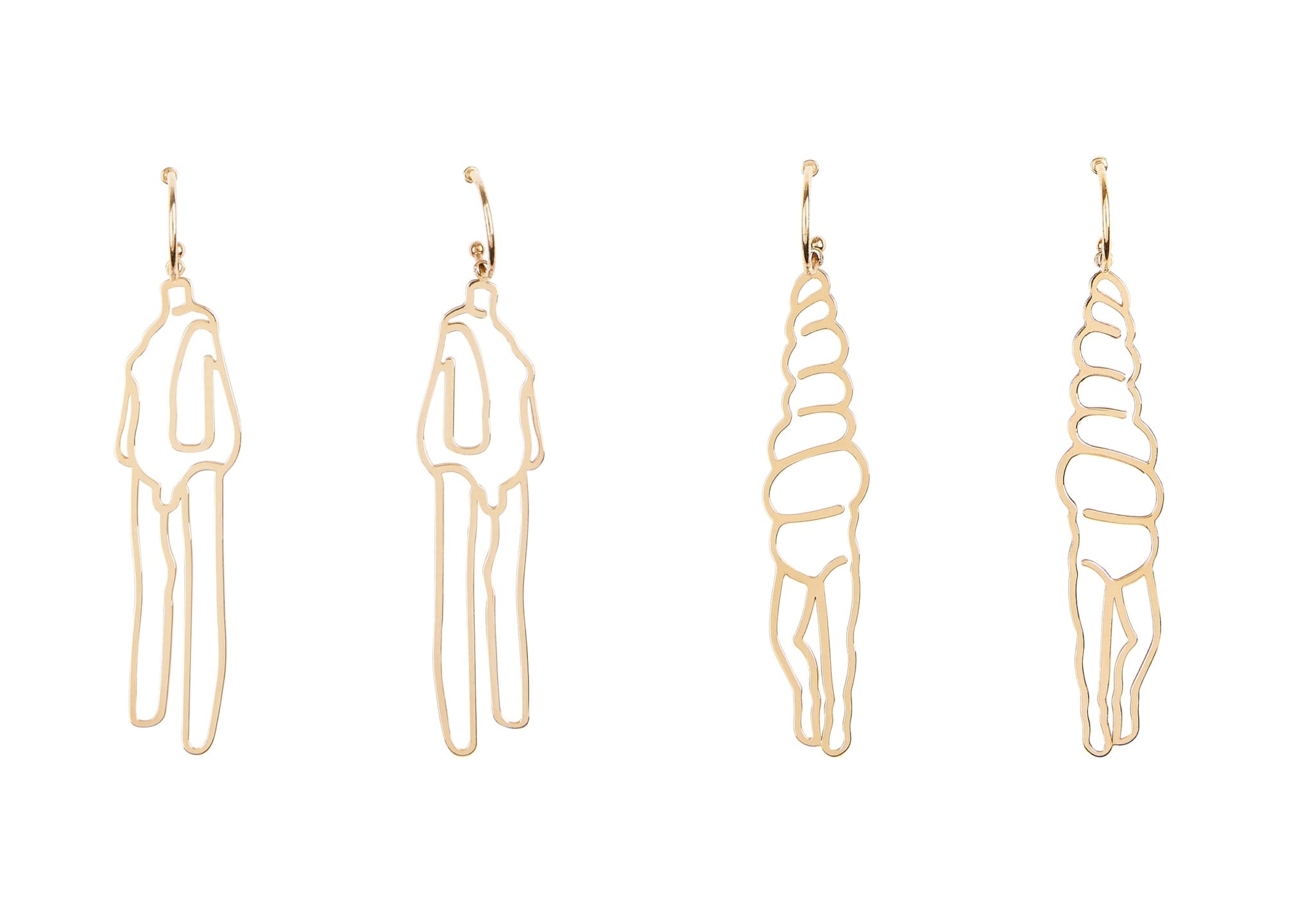 Gold abstract spiral and human figure earrings on a white background.