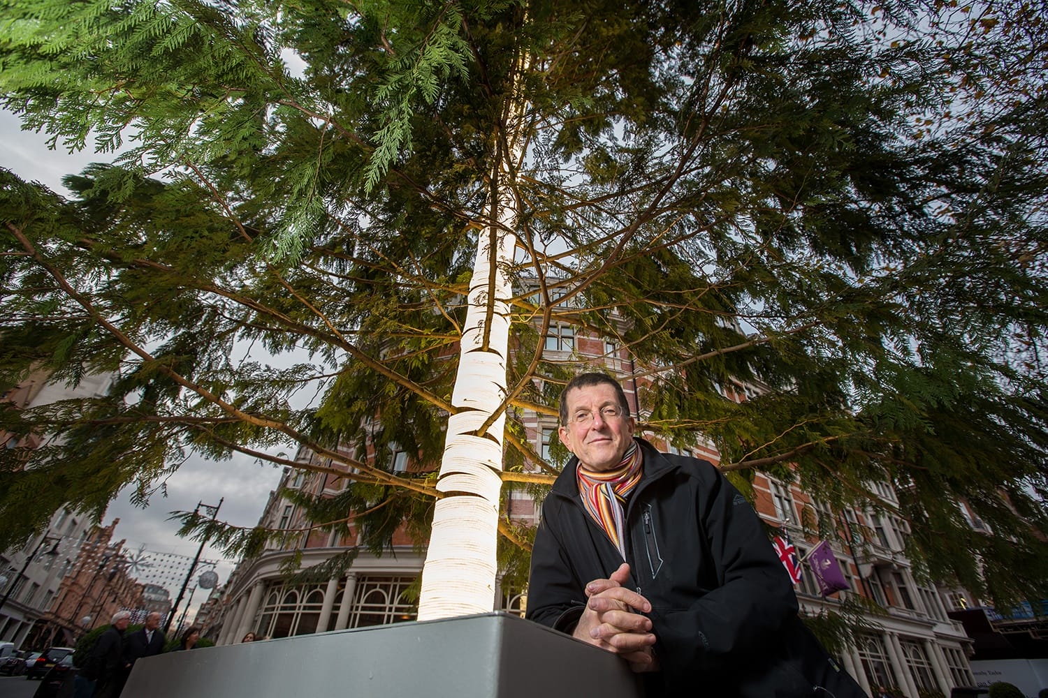 Man standing next to a tall, brightly lit tree in a city setting with buildings in the background.