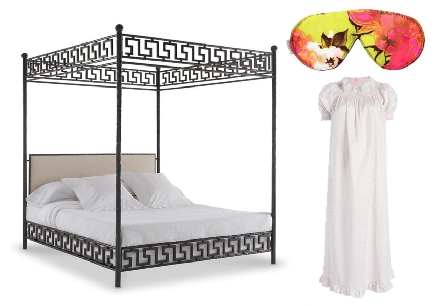 Canopy bed with white bedding, floral sleep mask, and white nightgown.