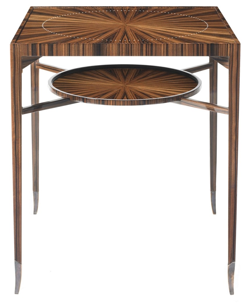 Ornate wooden side table with intricate inlay design and round lower shelf.