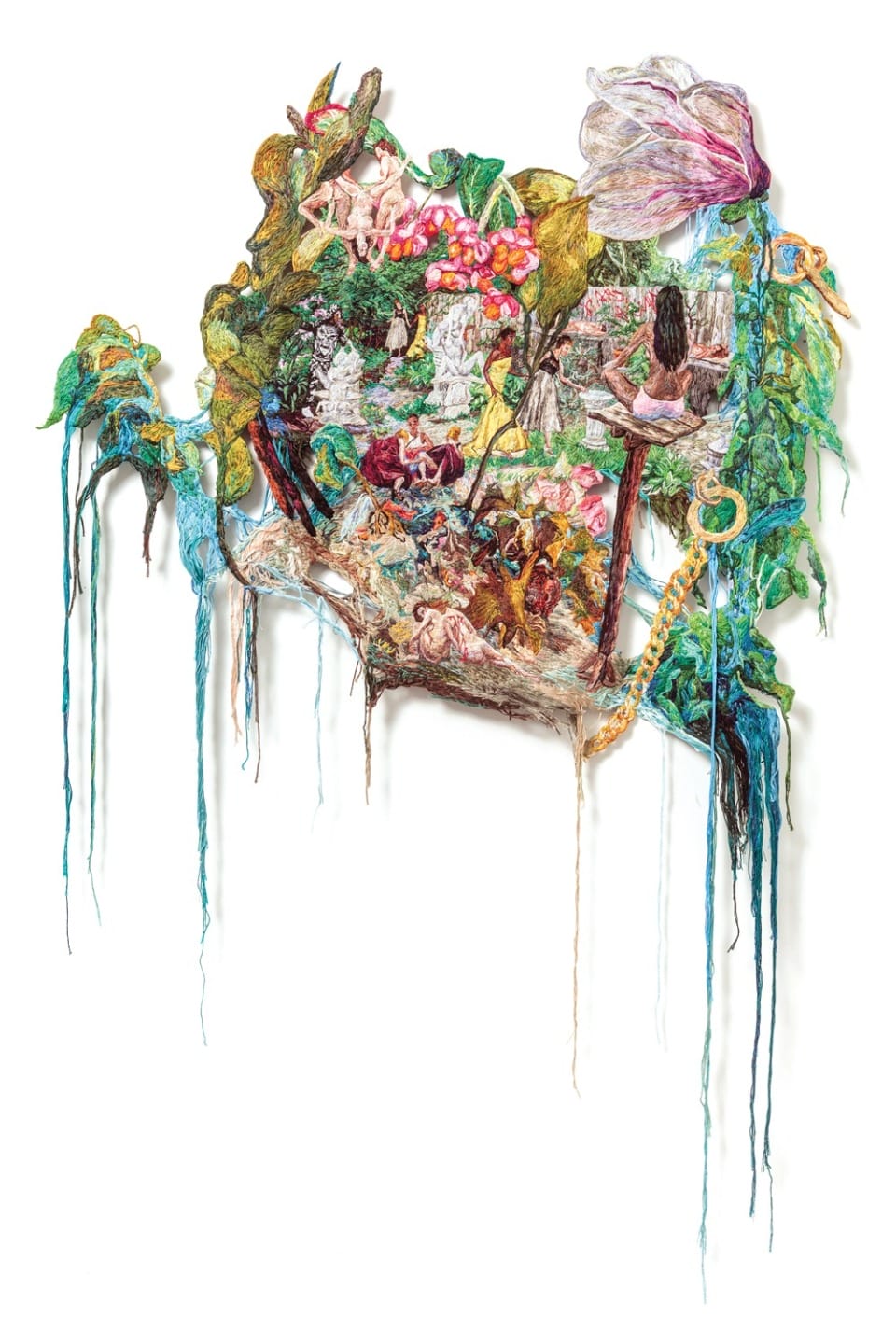 Colorful, intricate textile art featuring nature elements, abstract figures, and flowing threads on a white background.