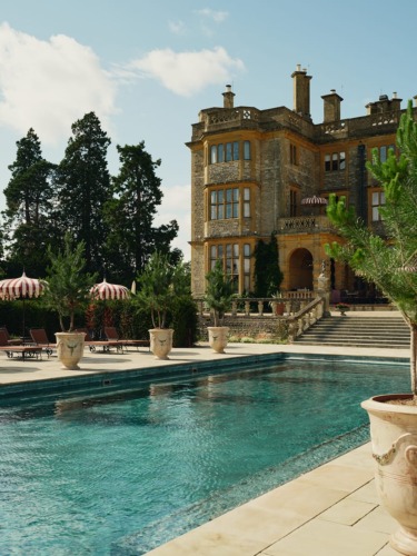 Historic mansion with large outdoor pool, surrounded by trees and ornate stonework on a sunny day.